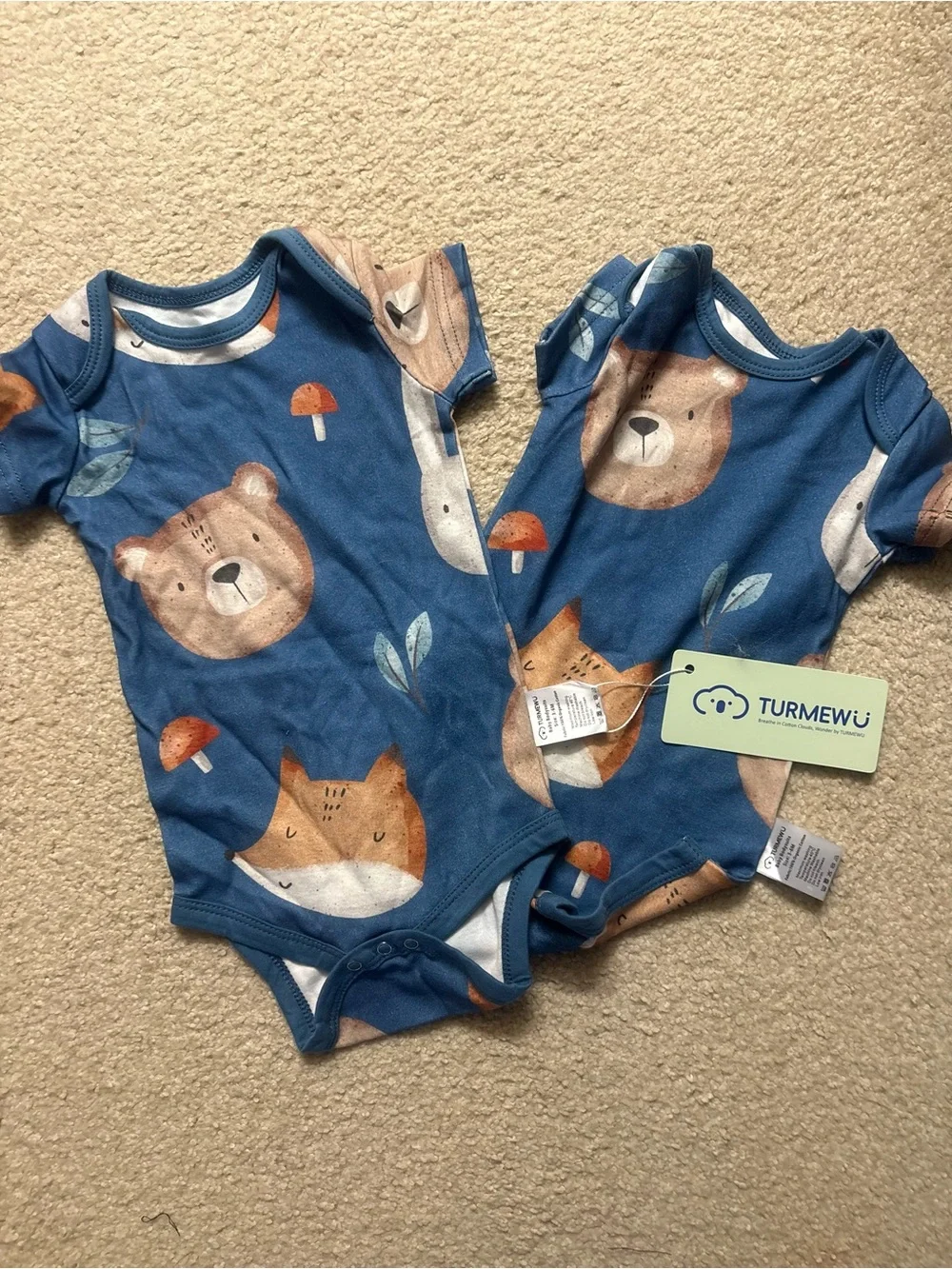 Turmewu Blue Woodland Animals Baby One-Piece (2-Pack) Boys 3-6 months NWT